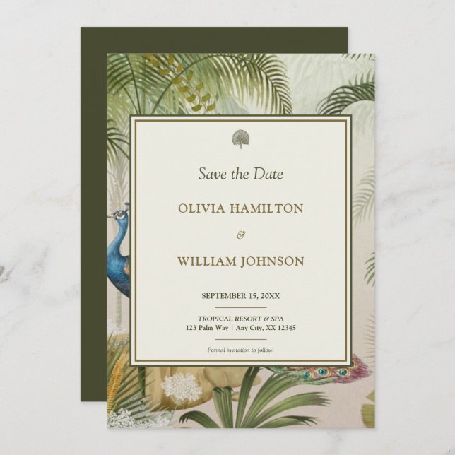 Save The Date 5x7 Olive Green Tropical Peacock Palm Mariage (Devant / Derrière)