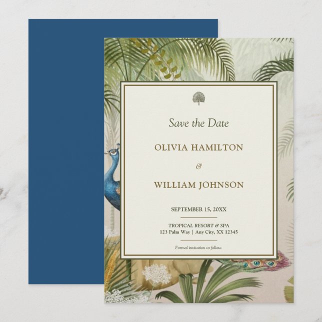 Save The Date 5x7 Peacock Blue Tropical Peacock Palm Mariage (Devant / Derrière)