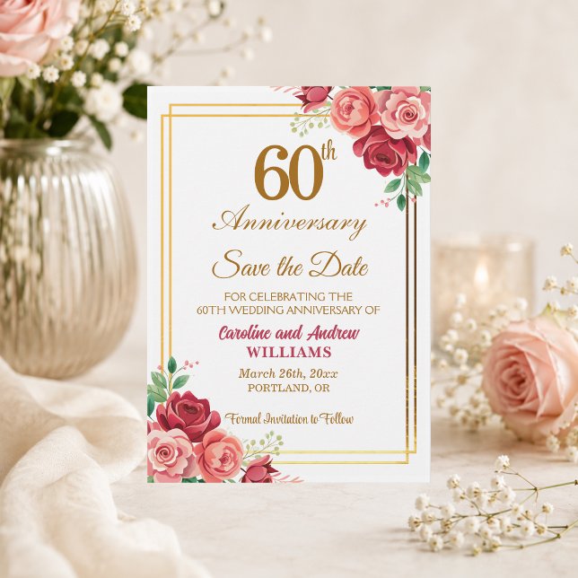 Save The Date 60e Anniversaire de Mariage Cadre Doré Floral  (Créateur téléchargé)