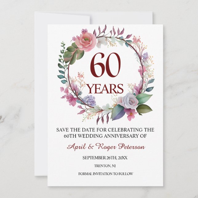 Save The Date 60e anniversaire du Mariage diamant Floral (Devant)