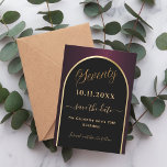 Save The Date 70e anniversaire noir bordeaux or arc<br><div class="desc">Une carte Save the Date pour une fête de 70e anniversaire. Un arrière - plan noir et bordeaux, décoré d'un faux arc doré. Personnalisez et ajoutez une date et votre nom. Le texte : Soixante-dix et Enregistrer la Date est écrit avec un grand script de style à la main tendance....</div>