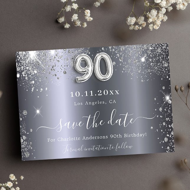 Save The Date 90e anniversaire parties scintillant argent glam e (Créateur téléchargé)