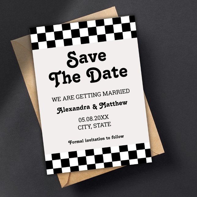 Save The Date À damiers Noir Et Blanc Super Rétro (retro save the date card checkerboard classic black and white groovy)