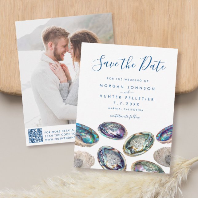 Save The Date Abalone Shell Watercolor Beach Wedding (These Abalone Shell watercolor save the dates feature your photo and QR code for your website)