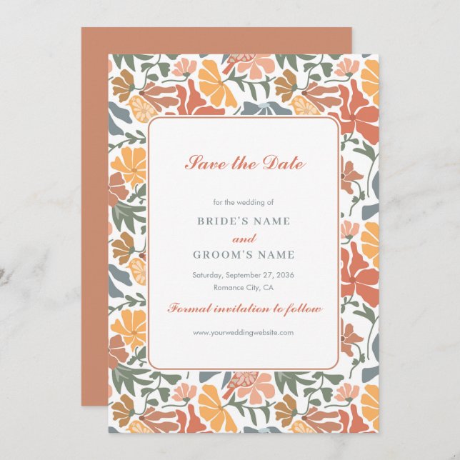 Save The Date Abstrait Floral & Oiseaux Mi-siècle Mariage modern (Devant / Derrière)