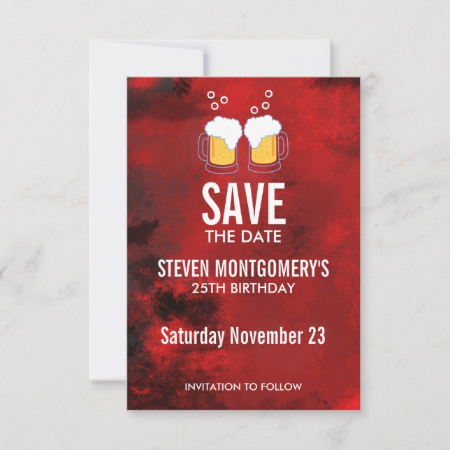 Save The Date Abstrait rouge moderne avec Steins de bière Annive (Devant)