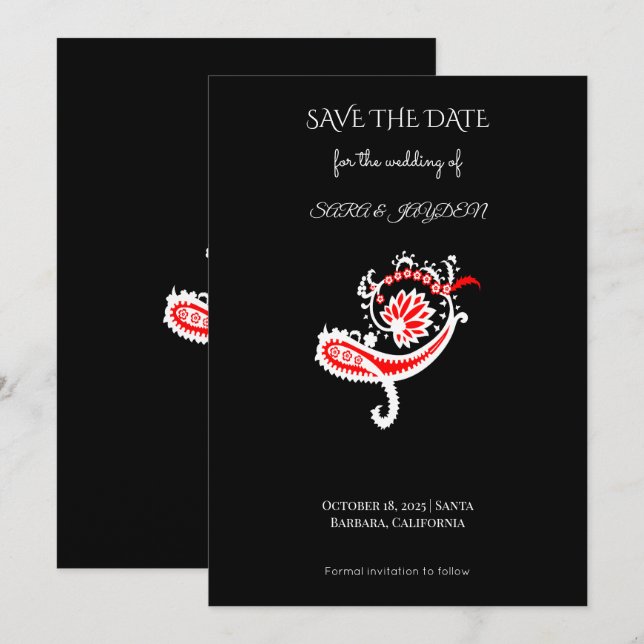 Save The Date Affiche à motif Paisley – Conception florale d'art (Devant / Derrière)