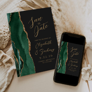 Save The Date Agate Emerald Green Gold Script Mariage foncé Enre