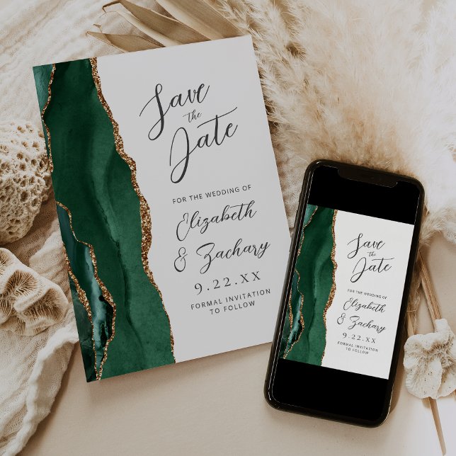 Save The Date Agate Emerald Green Gold Script Wedding (Créateur téléchargé)