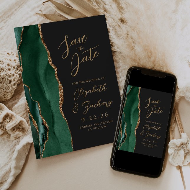 Save The Date Agate Émeraude Vert Or Script Sombre Mariage Enreg (Créateur téléchargé)