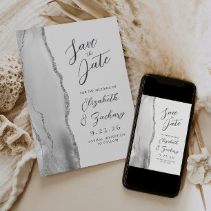 Save The Date Agate Grey White Silver Modern Script Mariage