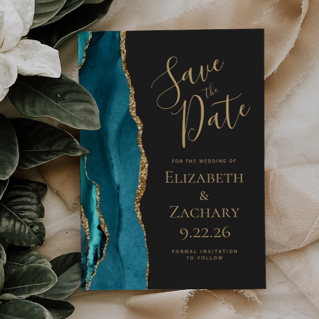 Save The Date Agate moderne Turquoise Gold Dark Wedding Enregist (Créateur téléchargé)