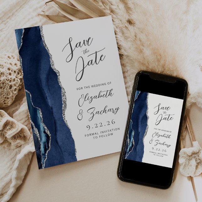 Save The Date Agate Navy Blue Silver Modern Script Mariage (Créateur téléchargé)