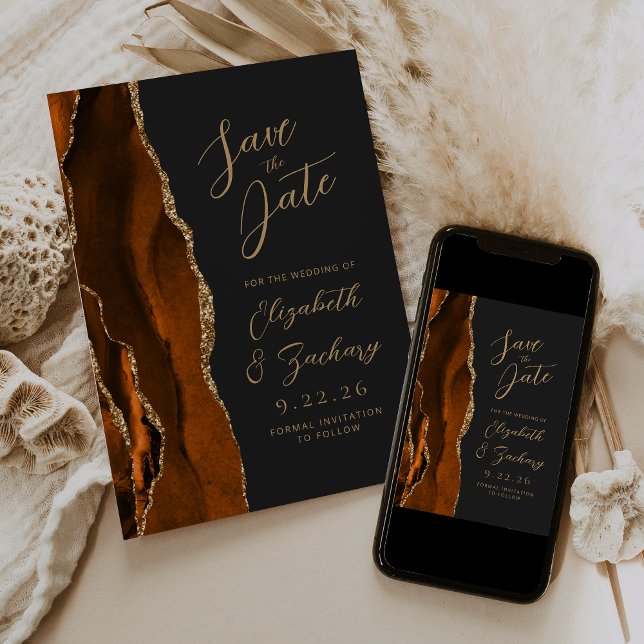 Save The Date Agate Orange Brûlé Or Script Mariage Sombre Enregi (Créateur téléchargé)