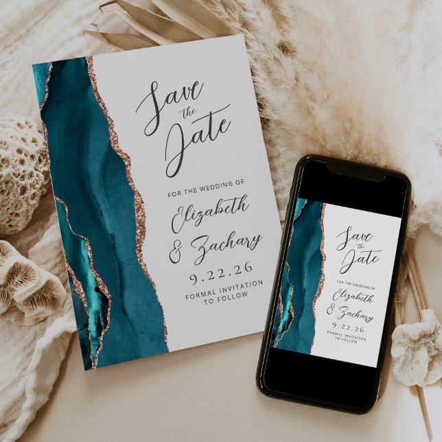 Save The Date Agate Teal Rose Gold Modern Script Wedding (Créateur téléchargé)