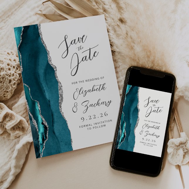 Save The Date Agate Turquoise Argent Moderne Écriture Mariage (Créateur téléchargé)