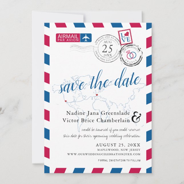 Save The Date Airmail Heart Los Angeles et France Enregistrer la (Devant)