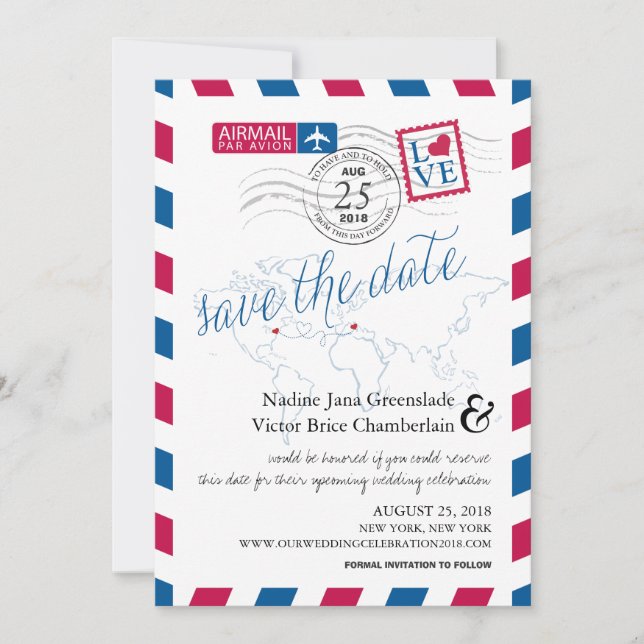Save The Date Airmail Heart New York et Italie Enregistrer la da (Devant)
