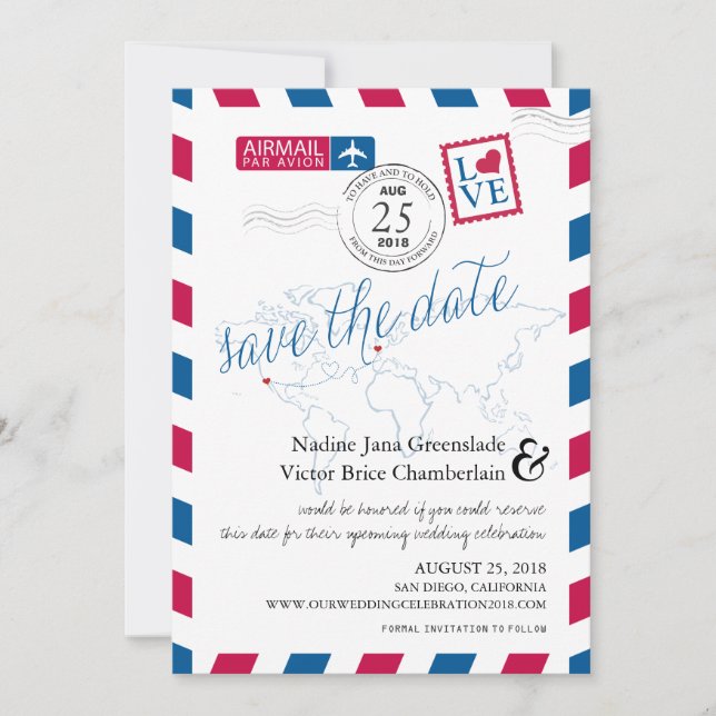 Save The Date Airmail Heart New York et Italie Enregistrer la da (Devant)