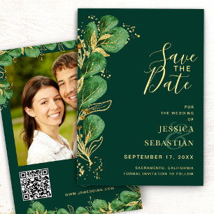 Save The Date Ajouter Photo QR Code Emerald Green Eucalyptus Ele