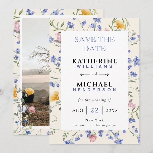 Save The Date Ajouter une image & Fleurs des champs aquarelle ma (Devant / Derrière)