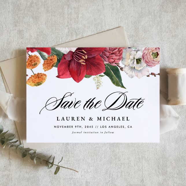 Save The Date Amaryllis rouge Amaryllis et code QR floral d'auto (Watercolor floral save the date card with QR code. It features amaryllis and autumn flowers.)