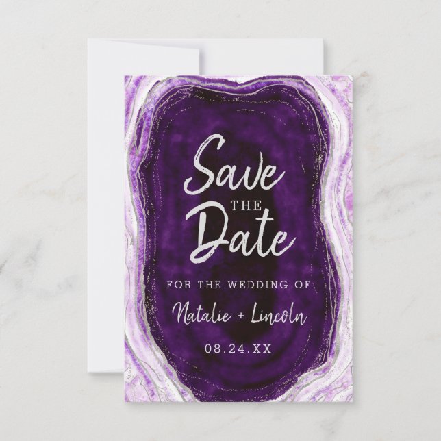 Save The Date Amethyst Purple & Silver Geode Agate Marbre Modern (Devant)