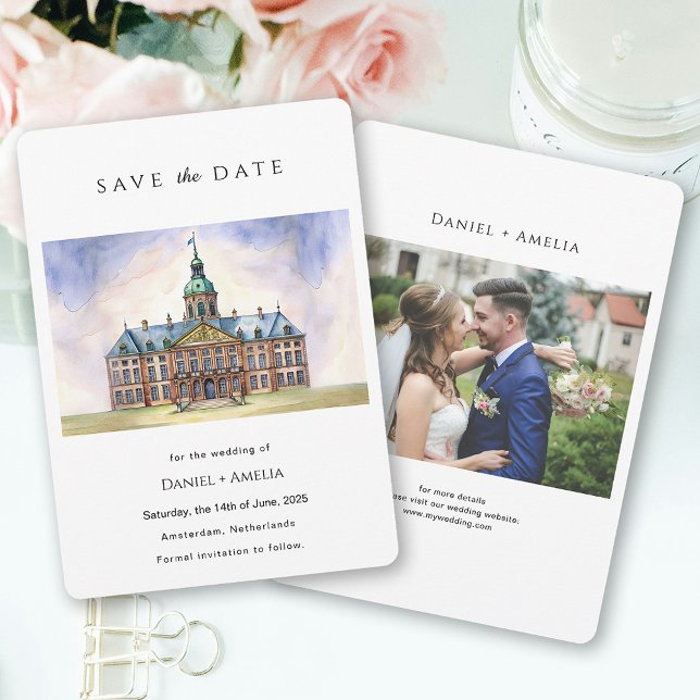 Save The Date Amsterdam Pays-Bas Aquarelle Destination (Amsterdam Netherlands Watercolor Destination Save The Date)