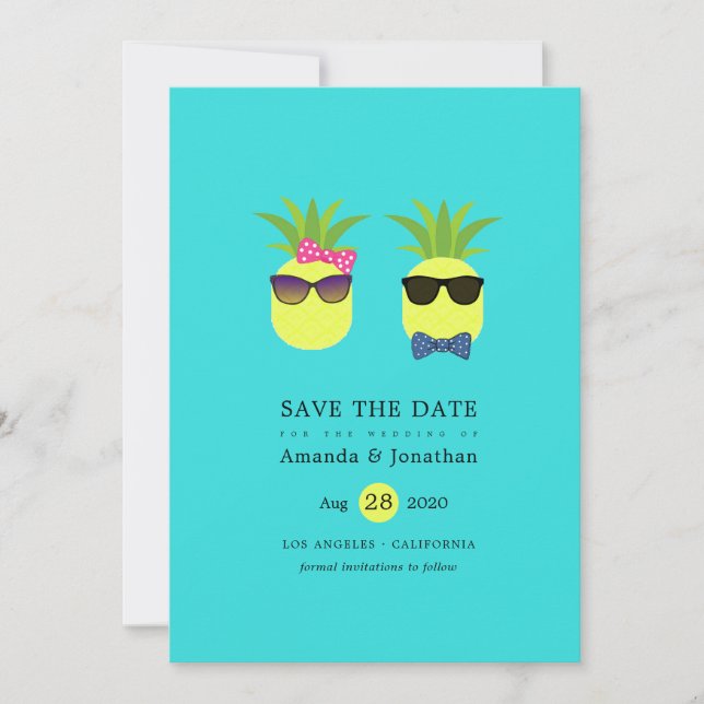 Save The Date Ananas amusants Turquoise & Lemon Tropical Summer (Devant)