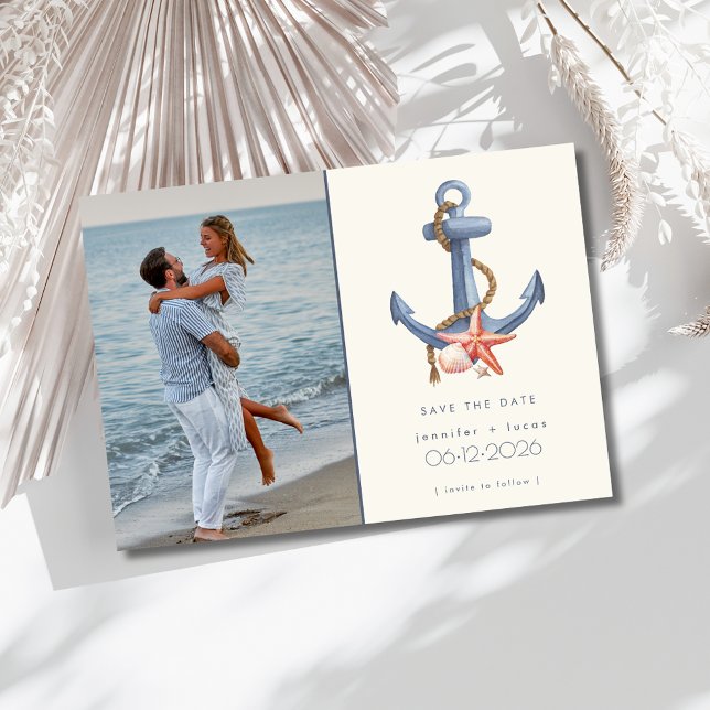 Save The Date Ancre bleu marine Photo Plage Mariage (Nautical Blue Anchor Photo Beach Wedding Save The Date)