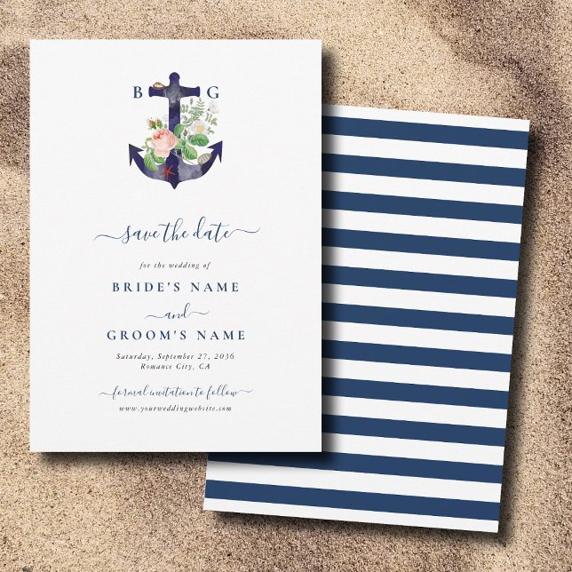 Save The Date Ancre Botanique Floral Nautique Mariage d'été (Anchor Botanical Floral Nautical Summer Wedding Save The Date)
