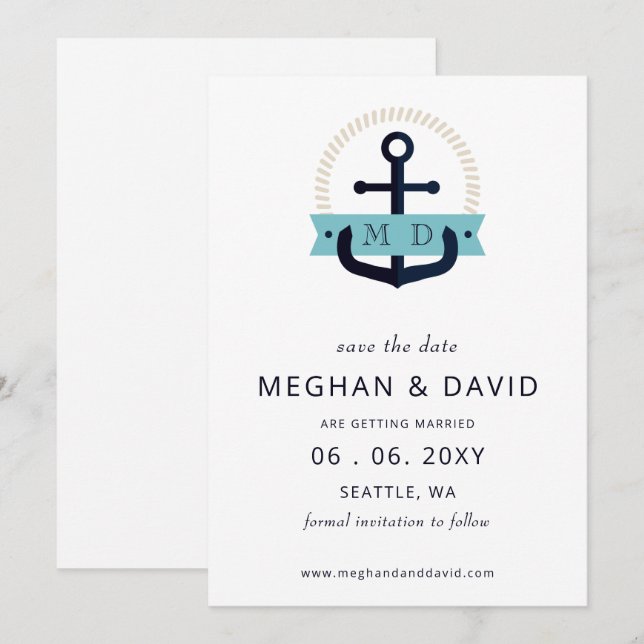 Save The Date Ancre marine moderne Monogramme nautique Mariage E (Devant / Derrière)