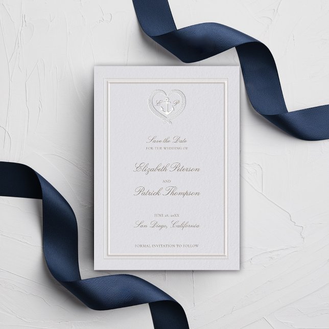 Save The Date Ancre nautique Crest Classic Mariage formel (nautical wedding save date classic formal traditional frame faux embossed anchor crest monograms)