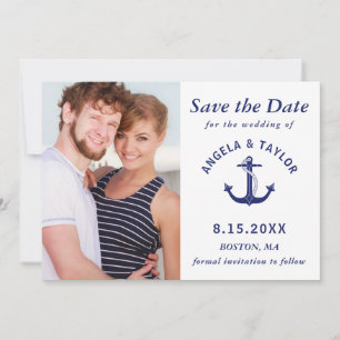 Save The Date Ancre nautique de mariage Photo rayée bleu marine