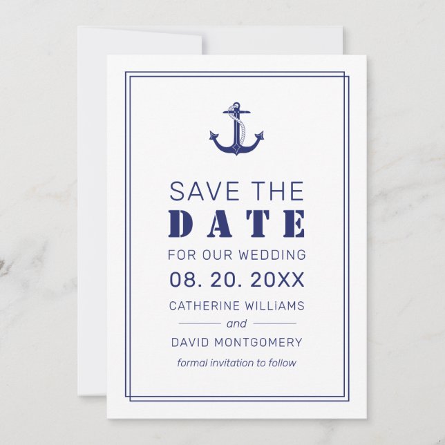 Save The Date Ancre nautique Marine Mariage de typographie bleue (Devant)