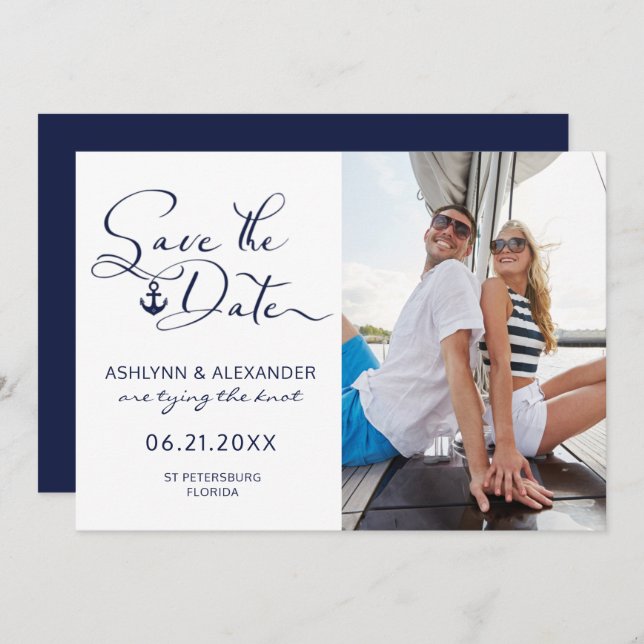 Save The Date Ancre nautique moderne Typographie de script photo (Devant / Derrière)