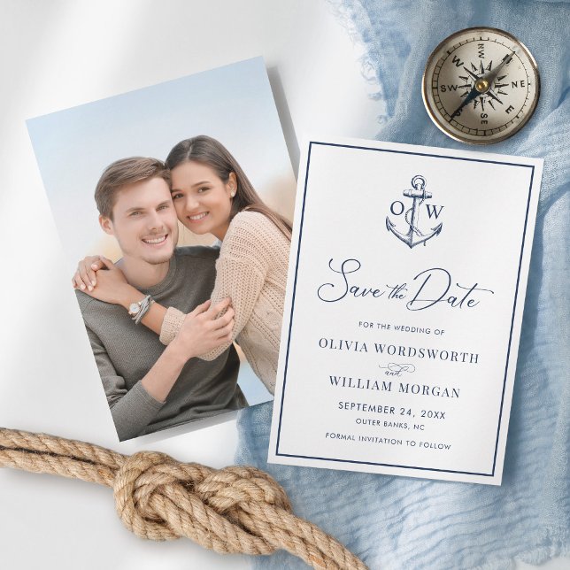 Save The Date Ancre nautique Monogramme Marine Mariage bleu (Créateur téléchargé)
