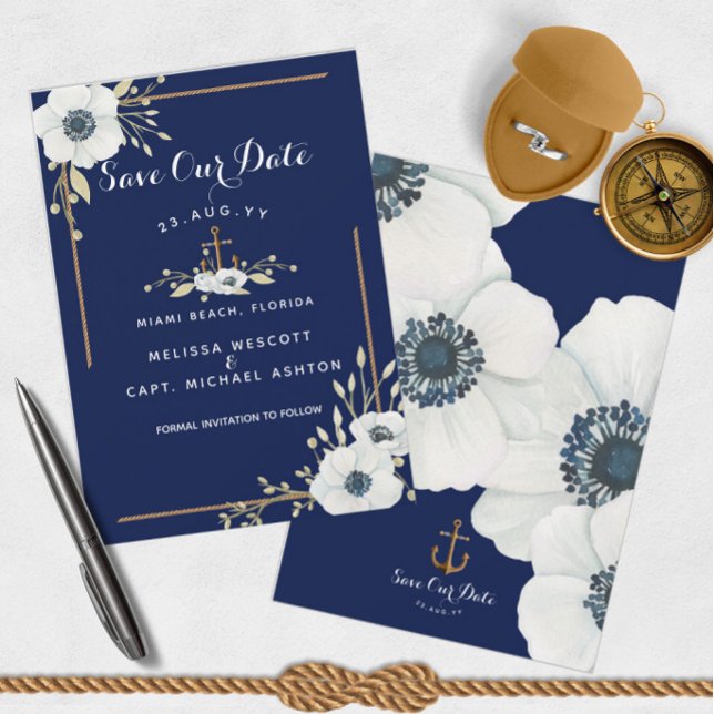 Save The Date Anémone blanc nautique et Mariage Ancre bleu marin (Navy Blue & White Anemone Nautical Save Our Date Announcements)