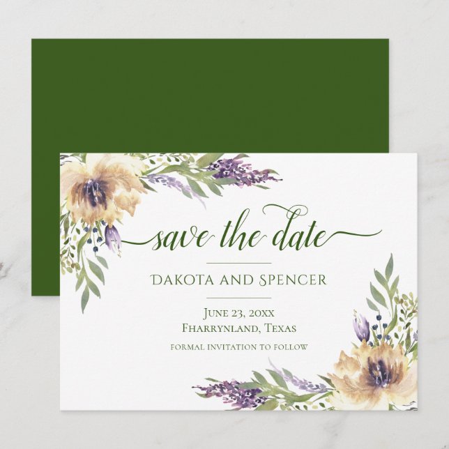 Save The Date Anemone Lavender Purple Cream Boho Vert Floral (Devant / Derrière)