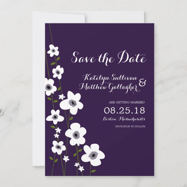 Save The Date Anémone Violet Foncé Moderne | Sauvegarder la Date (Devant)