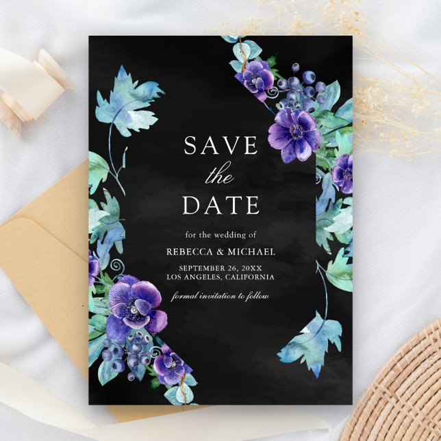 Save The Date Anémones Aquarelle Violette Mariage Noir (Créateur téléchargé)