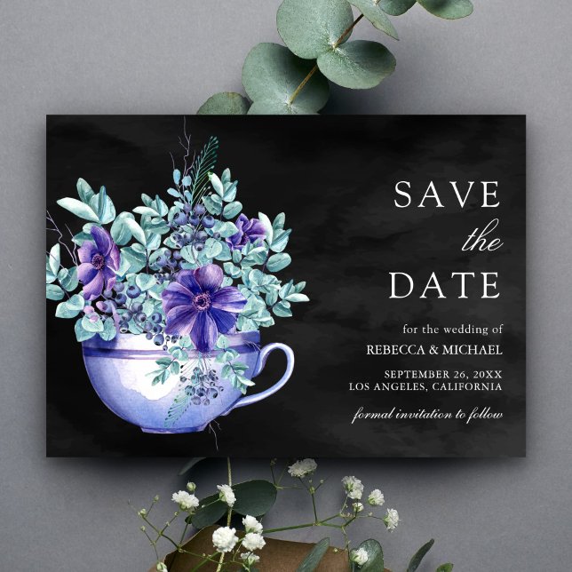Save The Date Anémones Aquarelle Violette Tasse de Thé Mariage N (Créateur téléchargé)