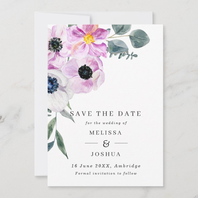 Save The Date Anémones violet et blanc Mariage de code QR (Devant)
