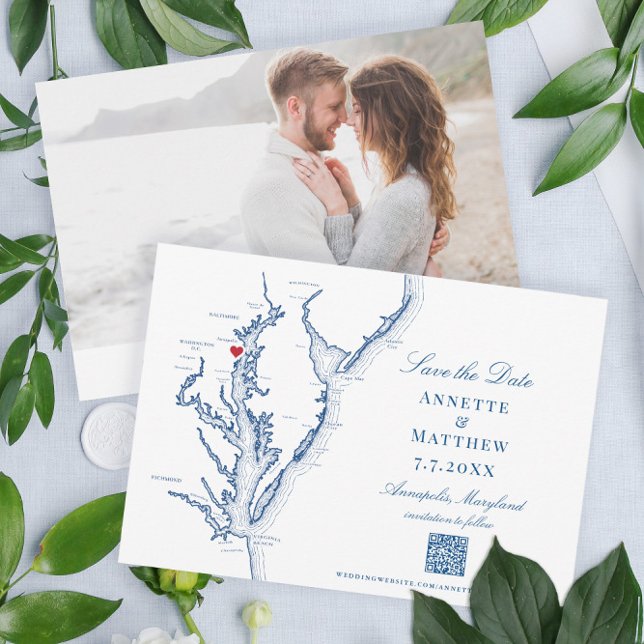 Save The Date Annapolis Maryland Mariage Elegant Marine Code QR (These Annapolis Maryland map Save the Dates are perfect for your Chesapeake Bay destination wedding)