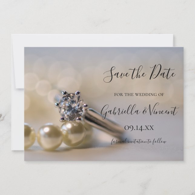 Save The Date Anneau de diamant Perles blanches mariage Enregist (Devant)