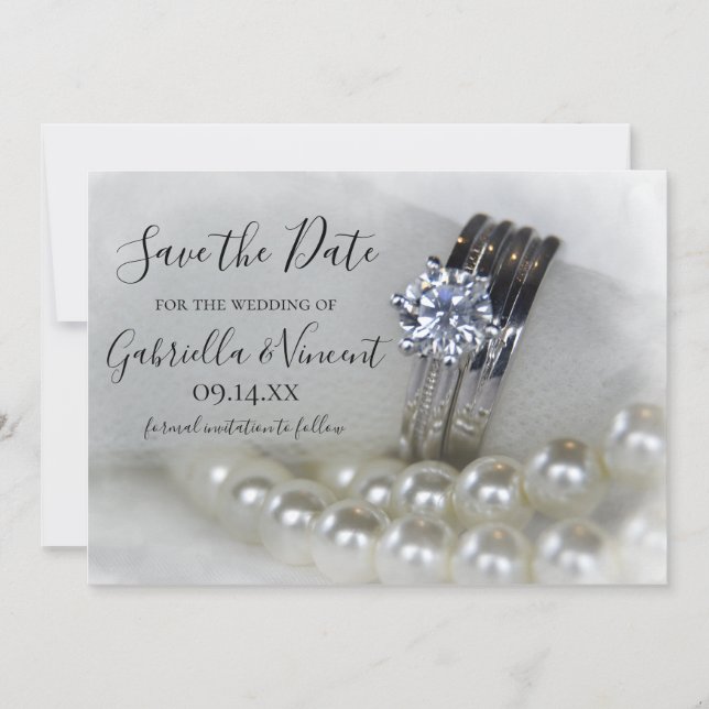 Save The Date Anneaux de diamant et mariage de perles Enregistre (Devant)