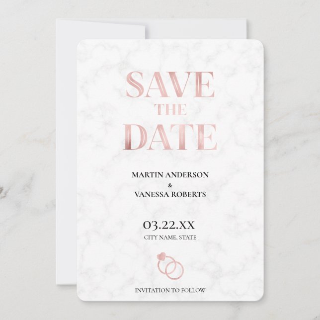 Save The Date Anneaux de mariage en marbre or rose élégant moder (Devant)