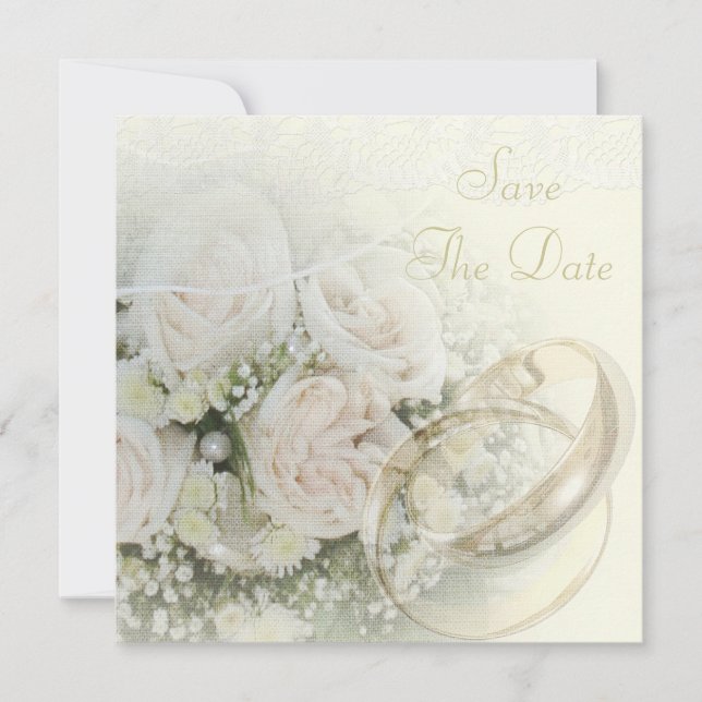 Save The Date Anneaux de mariage, roses, colombes et dentelle En (Devant)