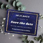 Save The Date Anniversaire bleu marine or enregistrer la date<br><div class="desc">A Enregistrer la date pour une fête d'anniversaire de 50e (ou tout âge). Un arrière - plan bleu marine. Décoré d'un cadre doré et de confettis. Pour lui et elle.</div>