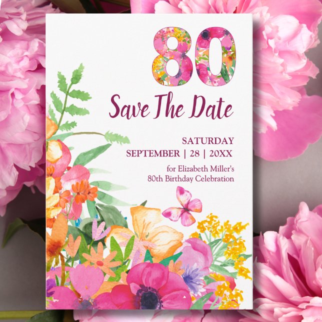Save The Date Anniversaire élégant 80 ans Fleurs papillon rose (Créateur téléchargé)
